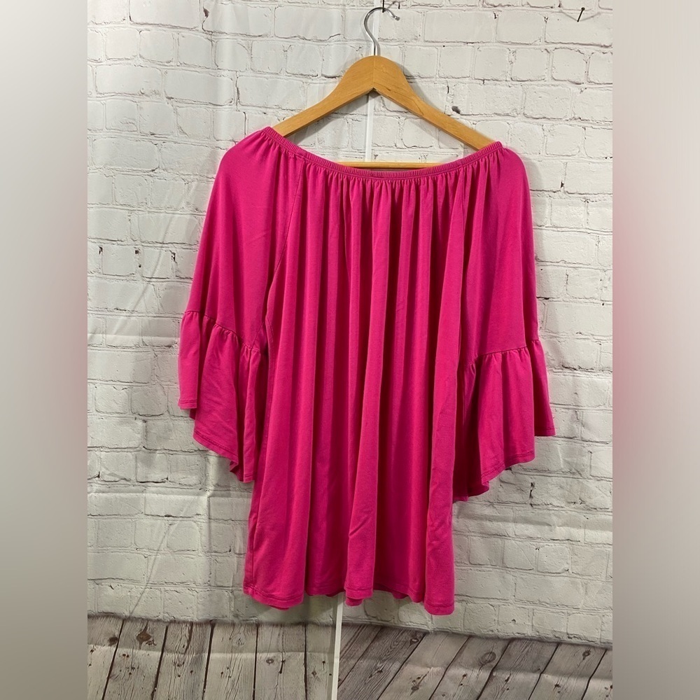 Watermelon Womens Plus Size 2XL Pink Off Shoulder Bell Sleeve Tunic Top - Picture 2 of 5